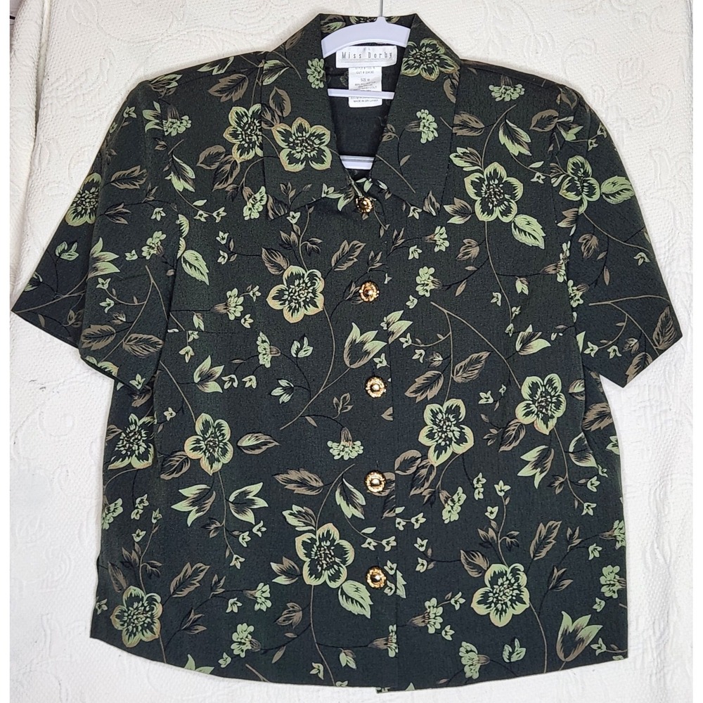 Vintage Miss Derby Olive Green Short Sleeve Button Down Blouse; Women's Size 10